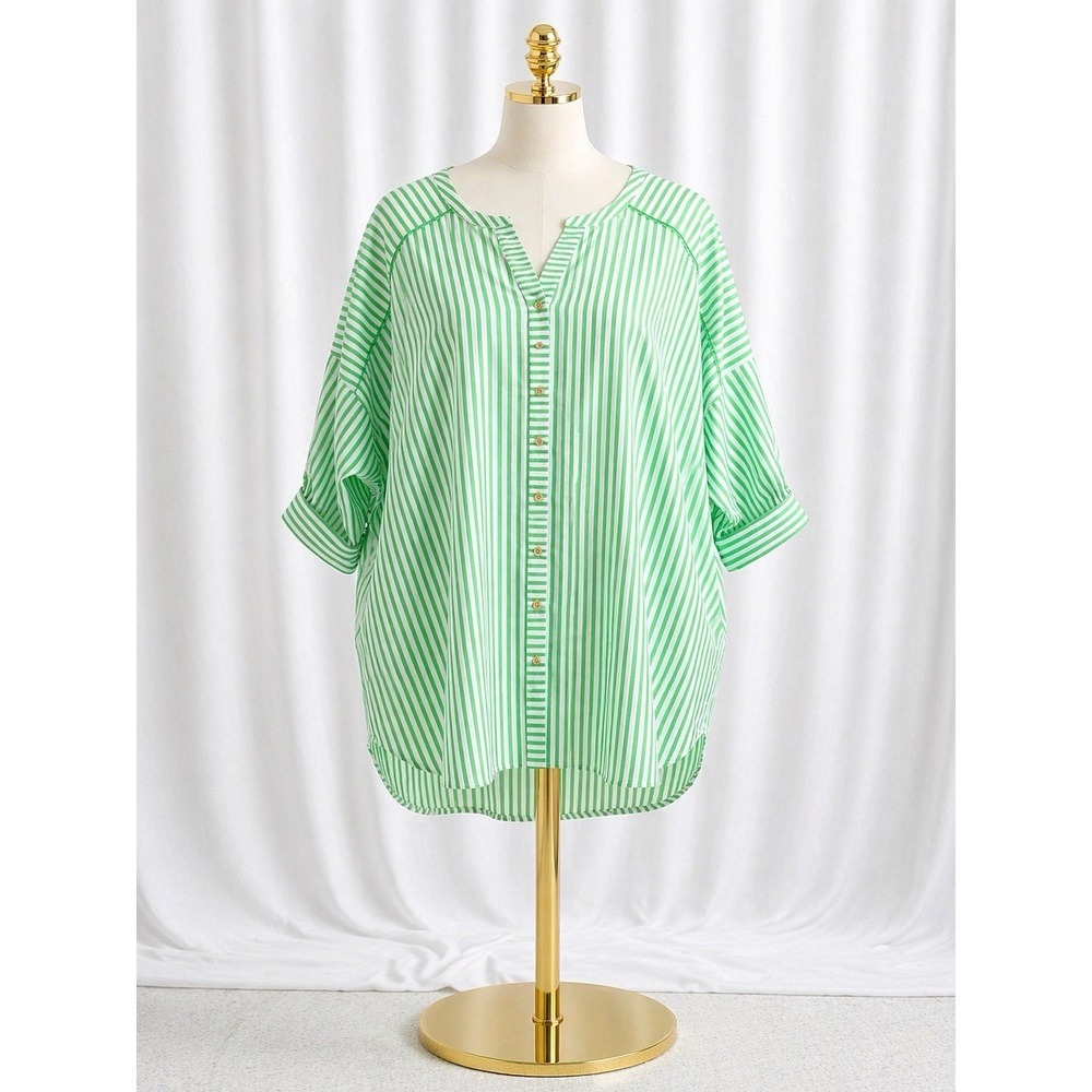 New Isaac Mizrahi Yarn-Dye Stripe Button Up Poplin Tunic Top Pockets 3XP Green